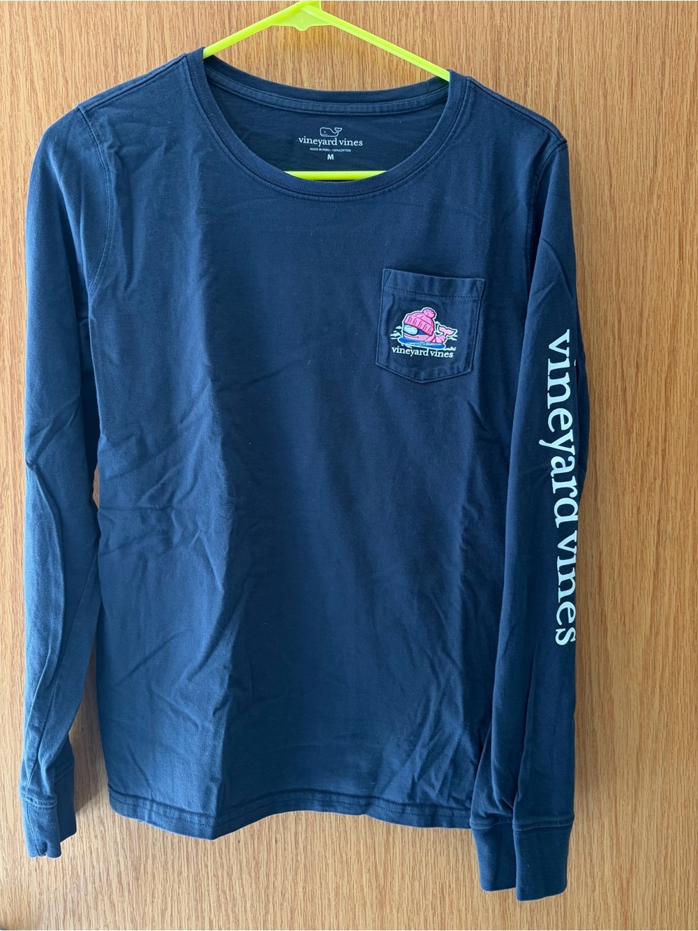 Vineyard Vines Navy Long-Sleeve Pocket Tee with Pink Whale Patch